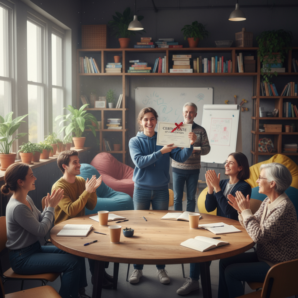 an informal classroom with someone receiving a certificate of completion