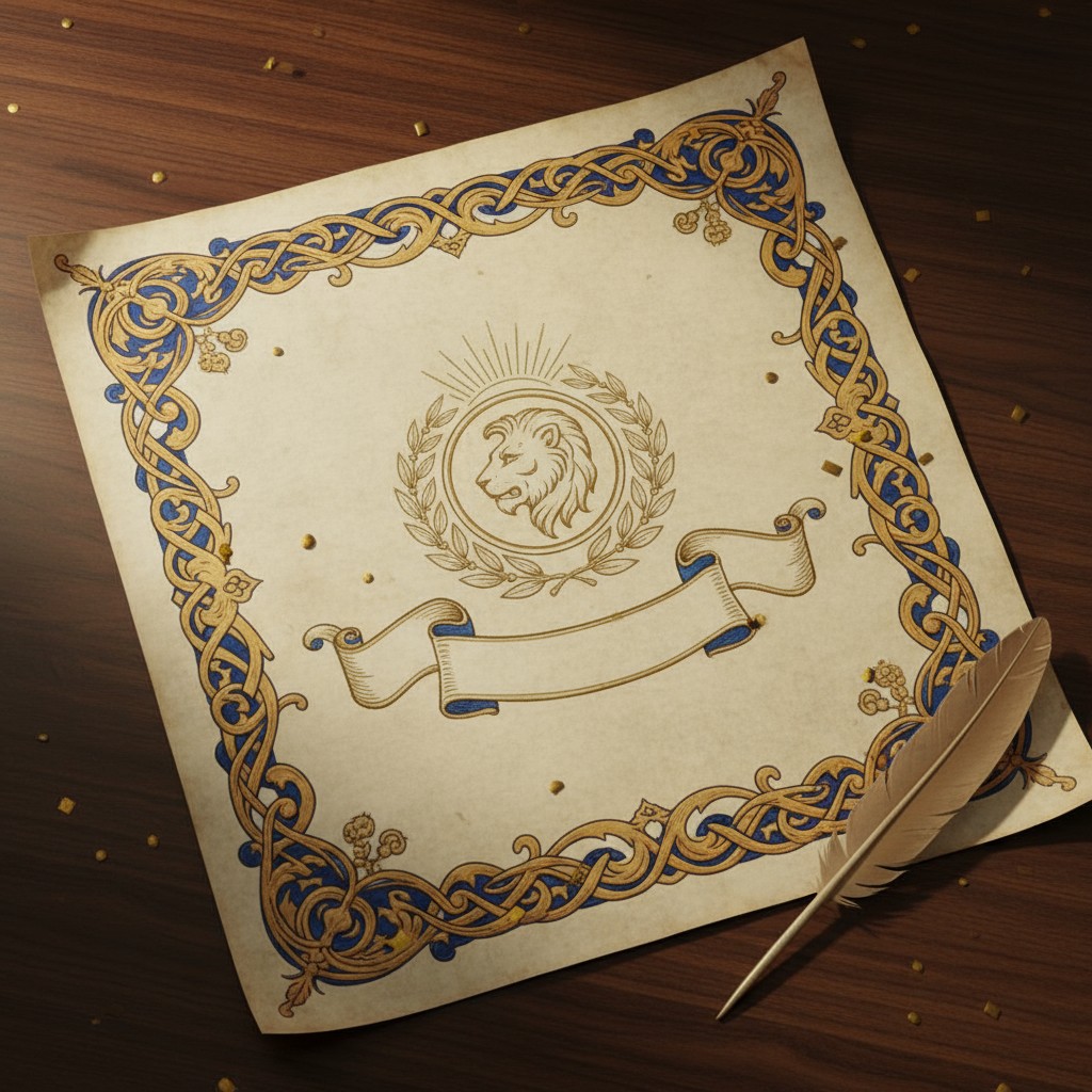 Vintage parchment with gold and blue scrollwork, featuring a lion's head logo, laid on a dark wood table.