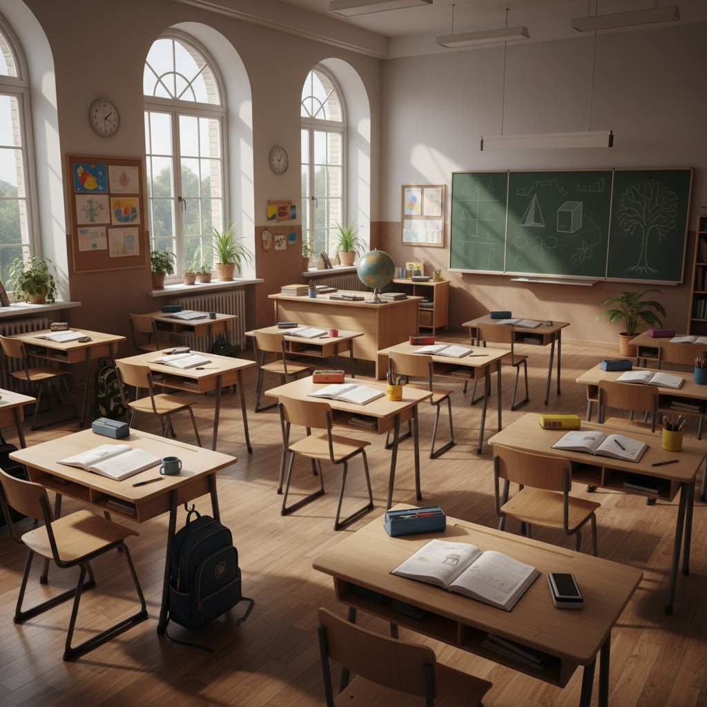 A sunlit classroom with rows of desks, each with open books, pencils, and school supplies. Blackboard in the rear.