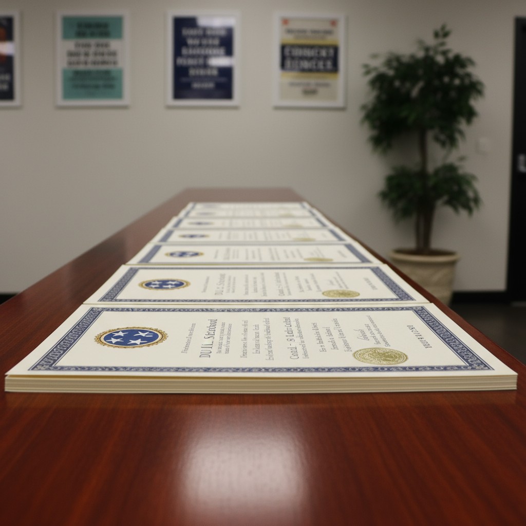 Multiple piles of certificates lay on a table in a hall.