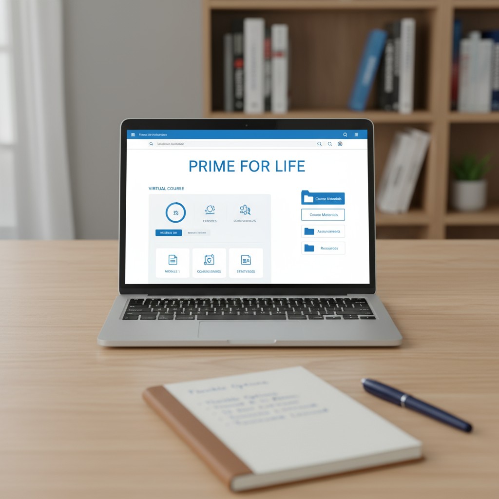 A laptop on a desk with a learning management system open (alt text: prime for life course website)