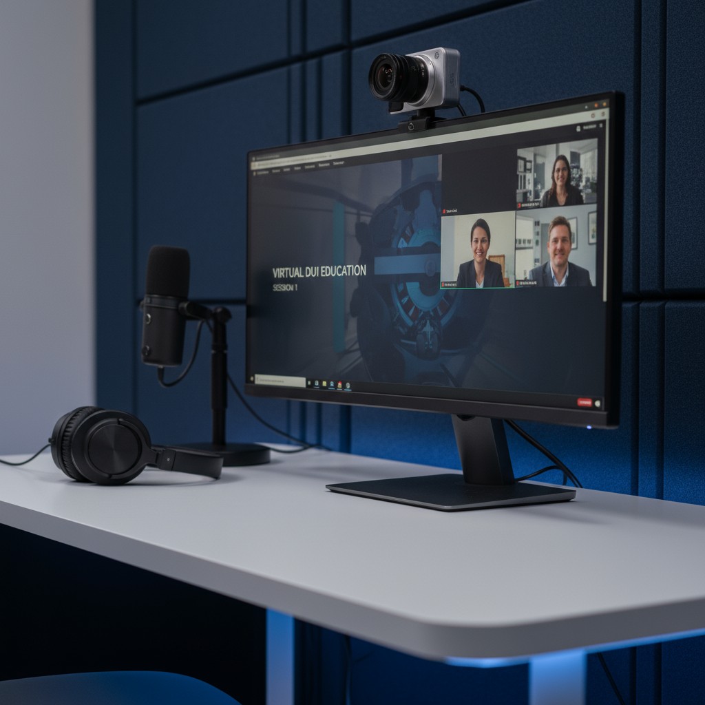 Video-conferencing set-up with 'Virtual DUI Education Session 1' open on the display screen.