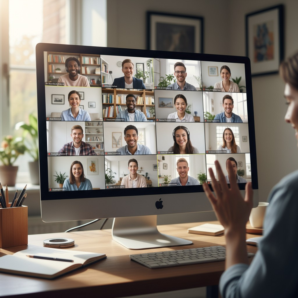Group of people video conferencing on a computer.