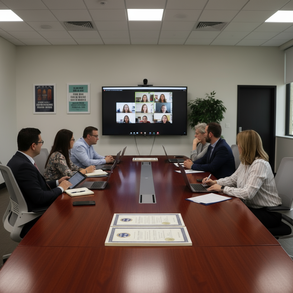 a group of people sitting in a conference room for a hybrid class with others attending virtually